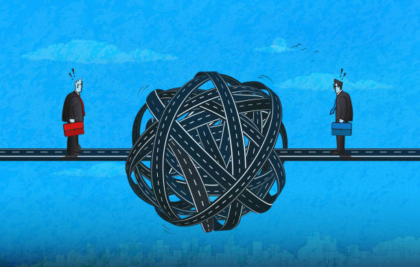 Tangled Knot-Businessmen Two businessmen cannot meet because of the ball of tangled roads. (Used clipping mask) international politics stock illustrations