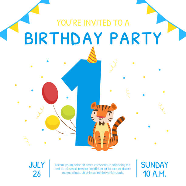 istock Happy First Birthday Invitation Card Template, Birthday Anniversary Number with Cute Little Tiger Animal Cartoon Vector Illustration 1255366945