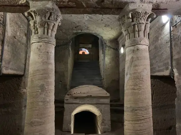 the catacombs of Kom El-Shoqafa (Mound of Shards), dating to the Roman period (1st-4th centuries AD) in the centre of the Egyptian Mediterranean coastal city of Alexandria, during the inauguration of a project to drain groundwater from the archaeological