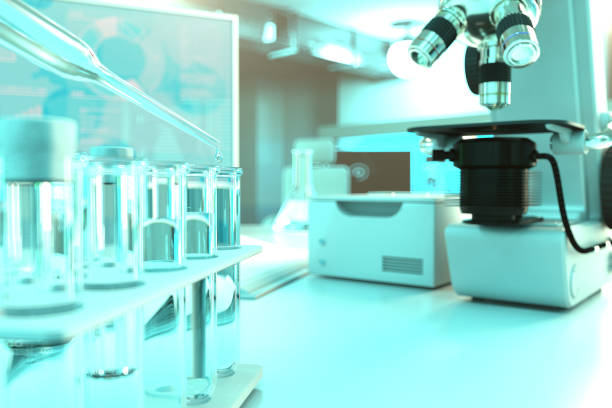 laboratoryjne probówki w nowoczesnym ośrodku badawczym biotechnologii - test jakości wody pitnej dla przewodności, ilustracja medyczna 3d - environment bacterium research dishware zdjęcia i obrazy z banku zdjęć