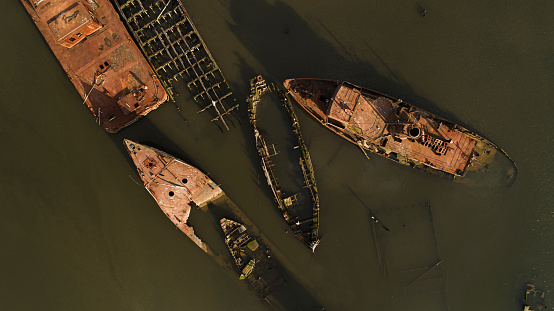 Staten Island Boat Graveyard. Aerial drone photo.