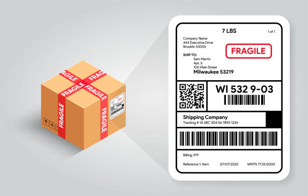 Shipping label on cardboard box template. Barcode and qr code for scanning. Postal Fragile sign and Scotch tape. Real life mockup. Cargo sticker with adress. Vector illustration banner design. Shipping label on cardboard box template. Barcode and qr code for scanning. Postal Fragile sign and Scotch tape. Real life mockup. Cargo sticker with adress. freight transportation stock illustrations