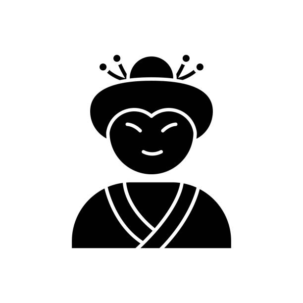 ikona czarnego glifów gejszy. japonka w azjatyckim stroju. geiko w kostiumie z tradycyjną fryzurą. maiko w kostiumie. wykonawca etniczny. symbol sylwetki na białym obszarze. wektor izolowana ilustracja - geisha kabuki japan japanese culture stock illustrations