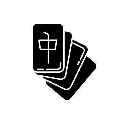 Mahjong black glyph icon. Tile based game. Tabletop gambling. Japanese entertainment. Asian domino type tactic game. Leisure, amusement. Silhouette symbol on white space. Vector isolated illustration