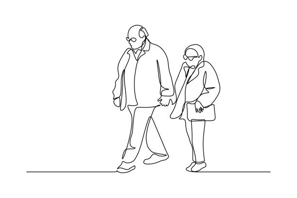 Senior couple Elderly couple in continuous line art drawing style. Senior man and woman walking together holding hands. Minimalist black linear sketch isolated on white background. Vector illustration walking drawings stock illustrations