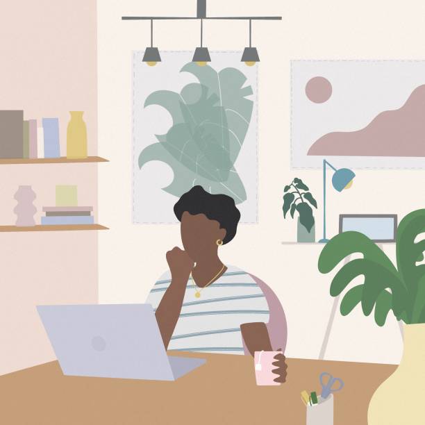 Young women working at home vector art illustration