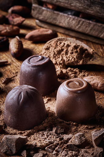Close-up image of a variety of chocolate candies, nuts and cocoa beans. Low key old fashioned style on a rustic table