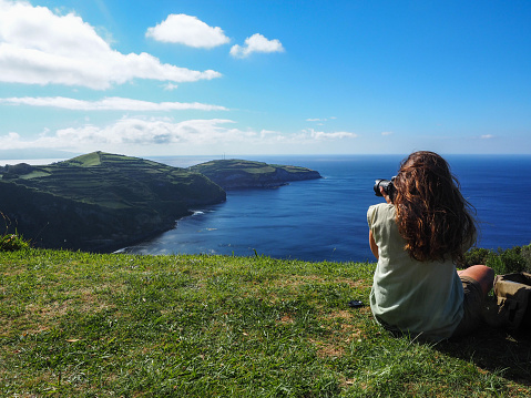 Typical mountainous landscape of the island of San Miguel, capital of the Azores archipelago with hydrangea flowers.