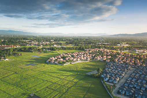 Aerial view of rice field and housing estate in Chiang Mai province of Thailand.
