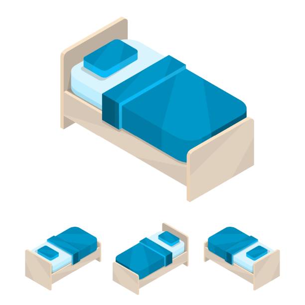 single_bed Single bed. Small new isometric blue furniture with bedding and pillows. Wooden frame. Vector illustration for web sites, prints and game industry. head board bed blue stock illustrations