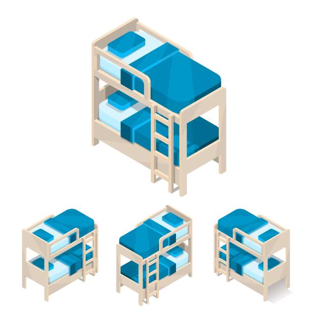 two_storey_bed Two storey bed. Large new isometric blue furniture with bedding and pillows. Wooden frame. Vector illustration for web sites, prints and game industry. head board bed blue stock illustrations