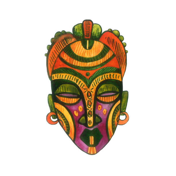 istock African Shaman Tribal Style Mask - watercolor illustration. 1255384777