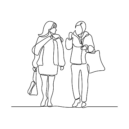 Two women friends with shopping bags in hands walking together and speaking. Continuous line art drawing style. Minimalist black linear sketch isolated on white background