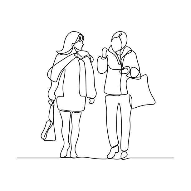 Women talking Two women friends with shopping bags in hands walking together and speaking. Continuous line art drawing style. Minimalist black linear sketch isolated on white background walking drawings stock illustrations