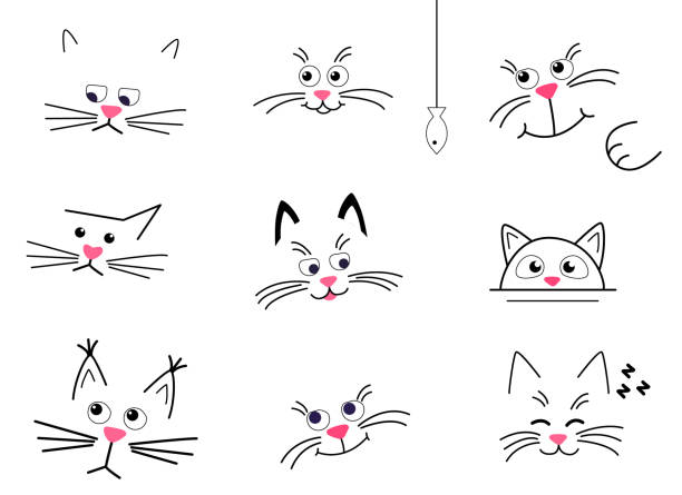 Set Faces of cute cats on a white background. happy, sad and thoughtful cats isolated. Set Faces of cute cats on a white background. happy, sad and thoughtful cats isolated. Vector cartoon Illustration in flat. For printing on cup, t-shirts cat muzzle meowing cartoon stock illustrations
