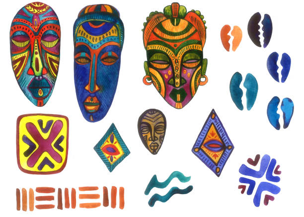 istock African collection of isolated elements on white background. Watercolor african masks, ornaments and symbols. 1255386147