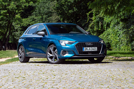 Berlin, Germany - 9th July, 2020: Audi A3 Sportback stopped on a street. This vehicle is one of the most popular premium cars in the world.