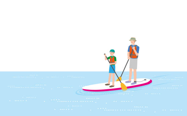 rodzice i dzieci korzystających stand-up paddle board - life jacket obrazy stock illustrations