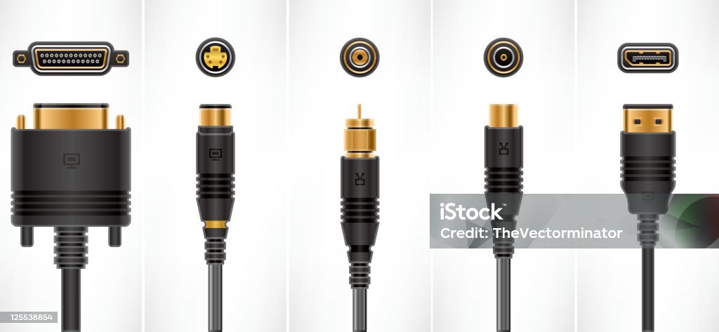 Five different types of audio/video cables and plugs Audio/Video Cables and Plugs (part of the Computer Hardware Icons Set) Coaxial Cable stock vector