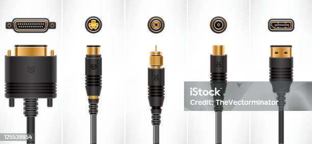 Five Different Types Of Audiovideo Cables And Plugs Stock Illustration - Download Image Now