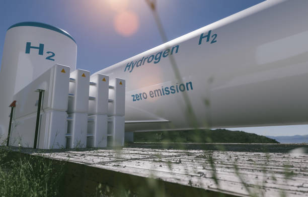 istock Hydrogen renewable energy production - hydrogen gas for clean electricity solar and windturbine facility. 1255388564