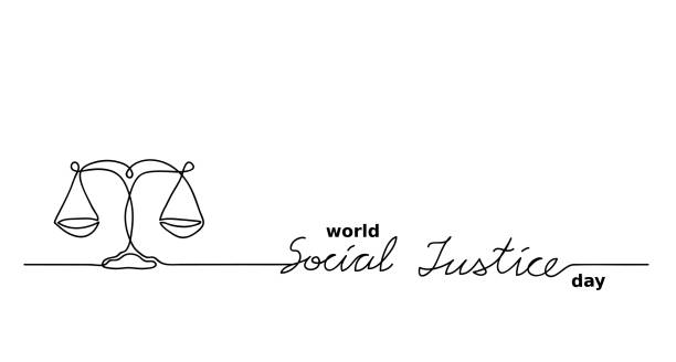 Basic RGB World Social  justice day simple vector background.  balance, scales, weigher one continuous line drawing symbol with lettering  Social  justice. balance drawings stock illustrations