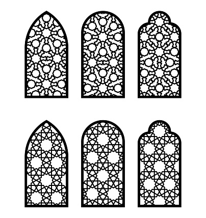 Arabesque arch window or door set. Cnc pattern, laser cutting, vector template set for wall decor, hanging, stencil, engraving. Arabesque faux window, arch, jali design.