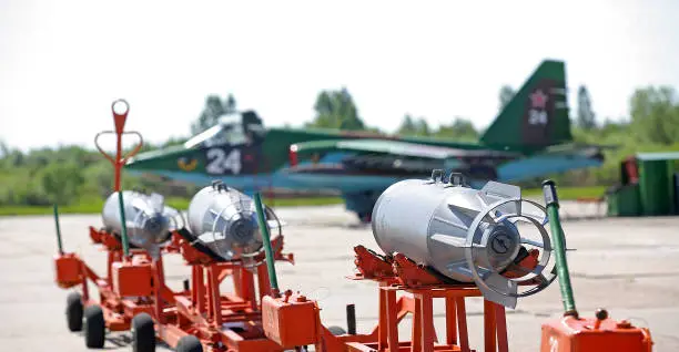 Air bombs on a trolley against the background of a stormtrooper's combat aircraft.