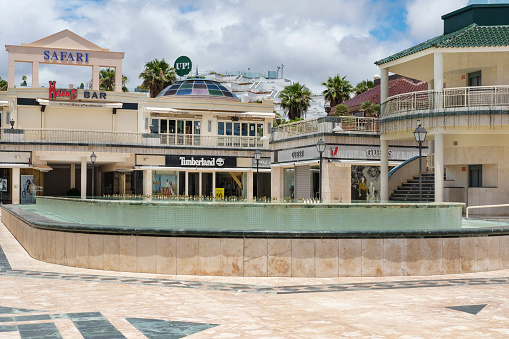 Centro Comercial Safari, Las Americas, Tenerife, Canary Islands, Spain - June 3, 2020: closed shops, restaurants and venues due to coronavirus lockdown that impacted on the tourism of the island.