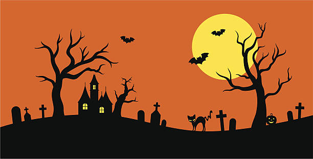 simple silhouette drawing of halloween with bats and cats - haunted house stock illustrations