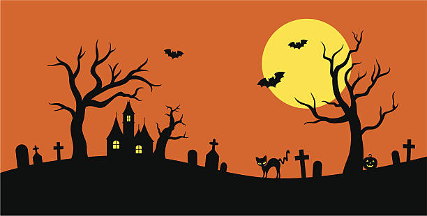 Simple silhouette drawing of Halloween with bats and cats vector art illustration