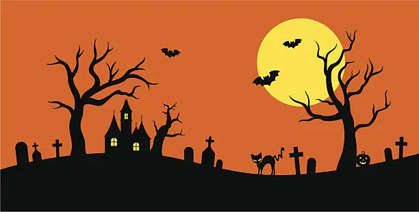 Vector illustration of Simple silhouette drawing of Halloween with bats and cats