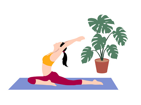 Beautiful simple flat vector of a young slim woman exercising yoga. Pigeon pose.