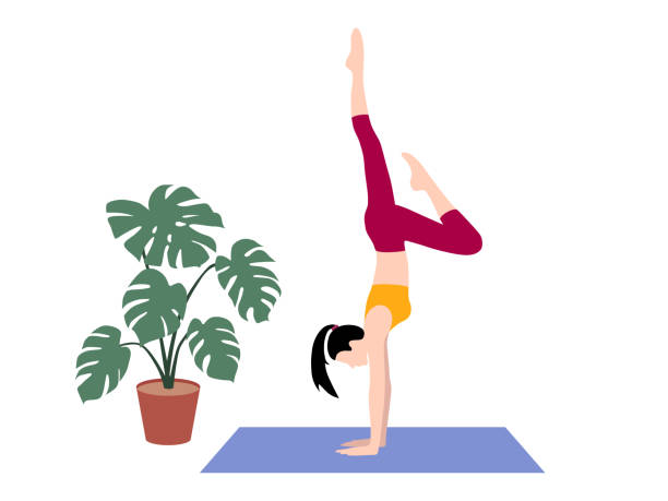 illustrations, cliparts, dessins animés et icônes de beau vecteur plat simple d’une jeune femme mince exerçant le yoga. pose de support de main. - inversion yoga