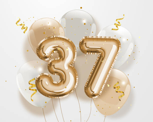 Happy 37th birthday gold foil balloon greeting background. Happy 37th birthday gold foil balloon greeting background. 37 years anniversary logo template- 37th celebrating with confetti. Vector stock. number 37 illustrations stock illustrations