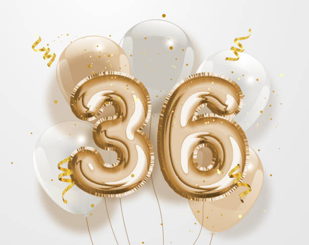 Happy 36th birthday gold foil balloon greeting background. Happy 36th birthday gold foil balloon greeting background. 36 years anniversary logo template- 36th celebrating with confetti. Vector stock. number 36 stock illustrations