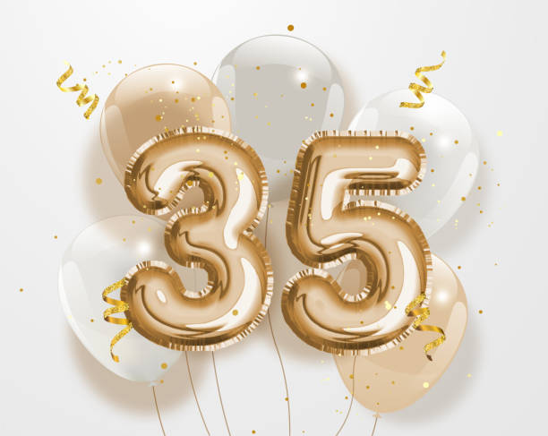 Happy 35th birthday gold foil balloon greeting background. Happy 35th birthday gold foil balloon greeting background. 35 years anniversary logo template- 35th celebrating with confetti. Vector stock number 35 stock illustrations