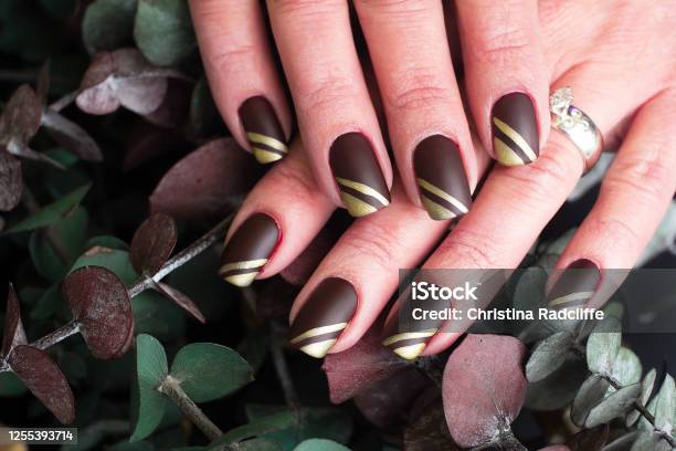 Dark Burgundy And Gold Nail Art Design Stock Photo - Download Image Now -  Nail Art, Striped, Autumn - iStock