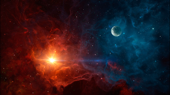 Fondo espacial. Nebulosa colorida con planeta photo