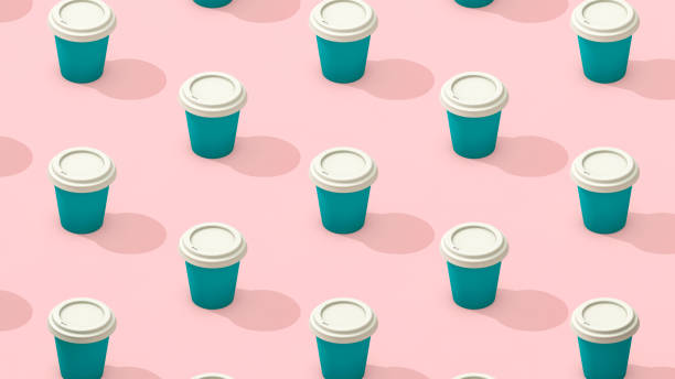 istock Coffee takeaway cups minimalist pattern, creative image. Isometric cappuccino cup, pink color pastel summer composition. Minimal tea, coffee background, top view. Hot drink paper cups pattern. 1255395328