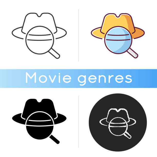 Detective icon. Linear black and RGB color styles. Traditional movie genre, classic noir film. Murder mystery, crime investigation. Felt hat and magnifying glass isolated vector illustrations. Detective icon. Linear black and RGB color styles. Traditional movie genre, classic noir film. Murder mystery, crime investigation. Felt hat and magnifying glass isolated vector illustrations thriller film genre stock illustrations