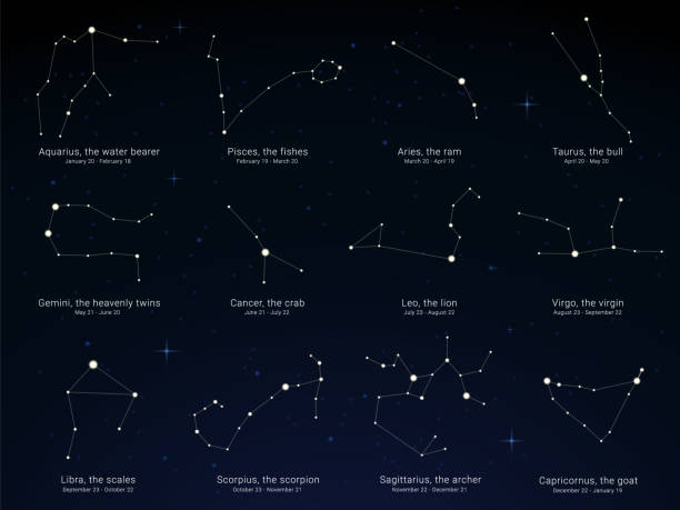 Star sky with the constellations charts and dates of birth ranges Star sky with the constellations charts and dates of birth ranges. blue ram fish stock illustrations