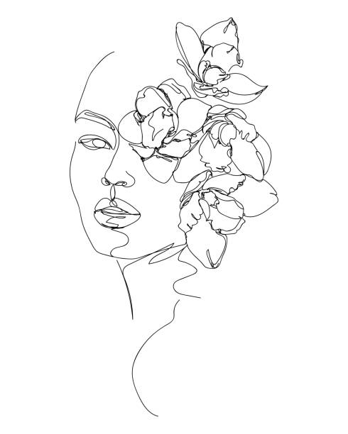 цветы в женской голове. природная косметика. черно-белая линия рисунок иллюстрации. - beauty women orchid flower stock illustrations