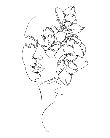 Flowers in woman head. Nature cosmetics. Black and white line drawing illustration.