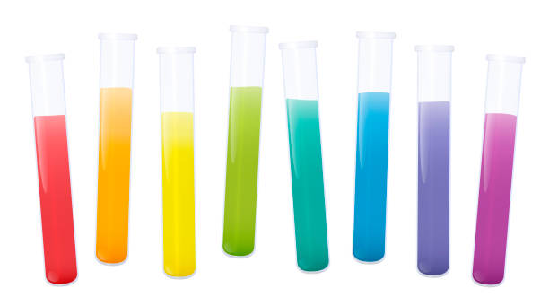 istock Colorful test tubes with rainbow colored substances, set of fluids in eight laboratory glass tubes. Isolated vector illustration on white background. 1255398612