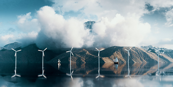 Parque de parques de turbinas eólicas costeras situado en un paisaje salvaje con majestuoso pico de montaña sobre las nubes. Renderizado en 3D. photo
