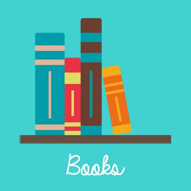 Vector illustration of Books on the shelf vector colored illustration, school theme, flat design