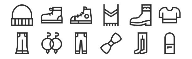 illustrazioni stock, clip art, cartoni animati e icone di tendenza di set di 12 icone contorno sottile come borsa a tracolla, papillon, orecchini, stivale, scarpe sportive, scarpa sportiva per web, mobile - body jewlery