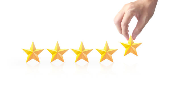 istock Hand of touching rise on increasing five stars. Increase rating evaluation classification concept 1255404336