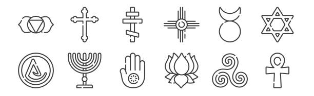 ilustrações, clipart, desenhos animados e ícones de conjunto de 12 ícones de contorno fino como ankh, ayyavazhi, menorah, horned, cruz ortodoxa, cruz para web, mobile - ayyavazhi